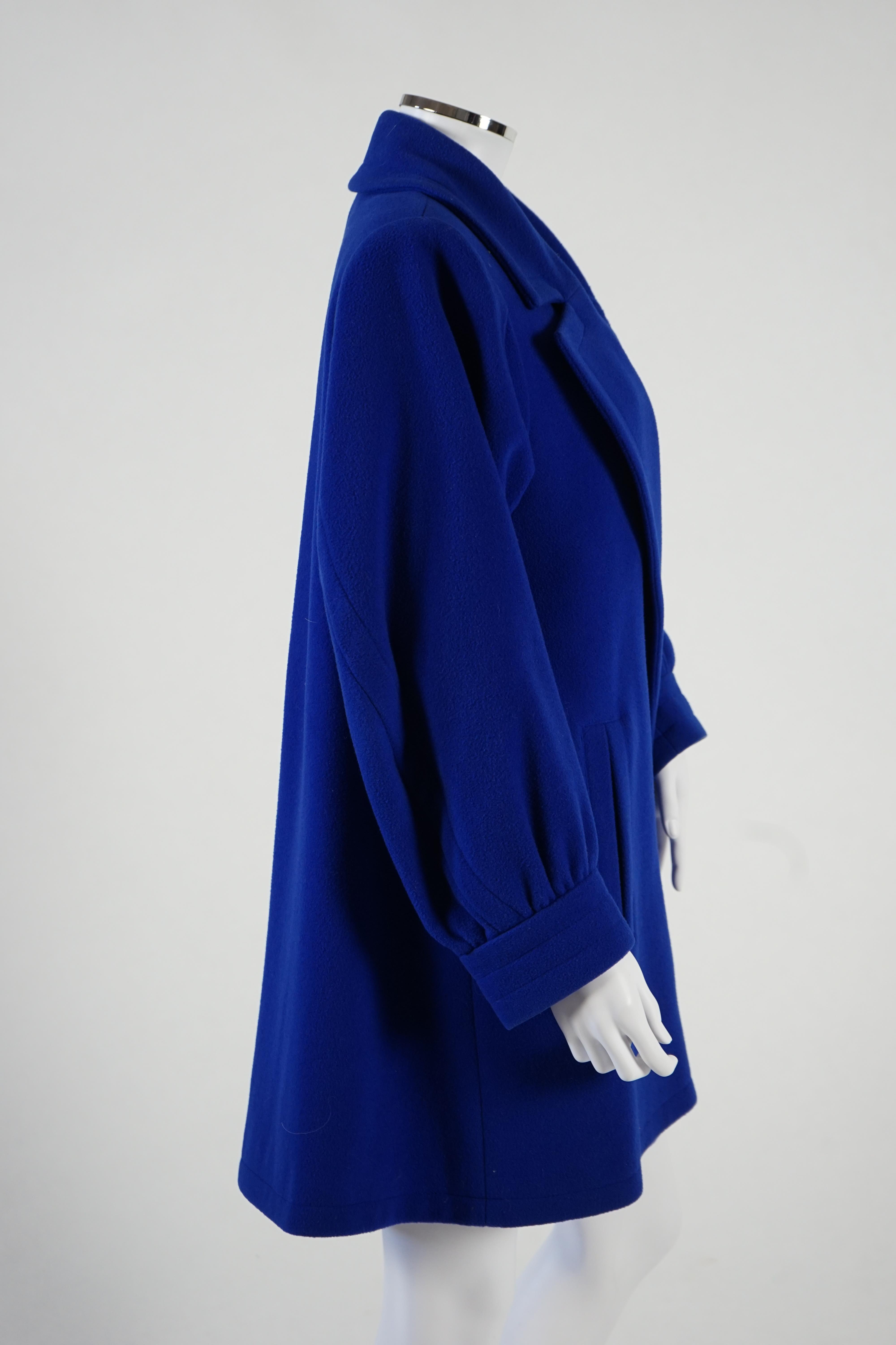 A vintage Yves Saint Laurent variation lady's royal blue wool coat, F 38 (UK 10). Proceeds to Happy Paws Puppy Rescue
